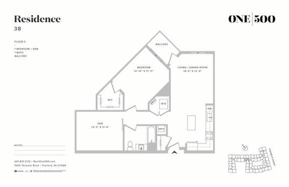 Floor Plan  A2-g 1 Bedroom 1 Bathroom Floor Plan at One500, Teaneck, New Jersey