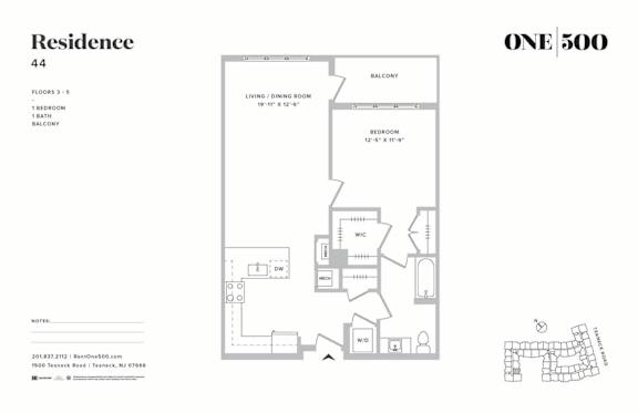Floor Plan  A5 1 Bed 1 Bath Floor Plan at One500, New Jersey, 07666