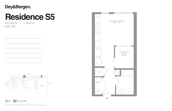 Floor Plan  Studio 1 bath floor plan F at Dey & Bergen, Harrison, New Jersey