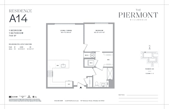 Floor Plan  1 bed 1 bathroom floorplan at The Piermont Apartments, New Jersey, 07642