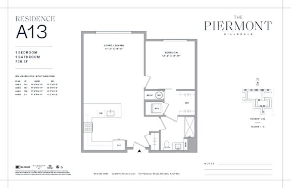 Floor Plan  One bedroom one bathroom floorplan at The Piermont Apartments, Hillsdale