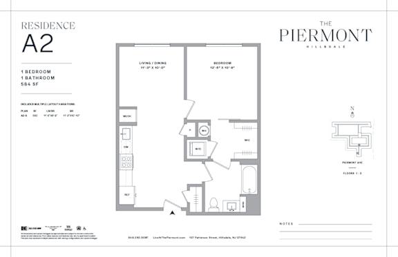 Floor Plan  One bedroom floorplan with walk-in closet at The Piermont Apartments, New Jersey, 07642