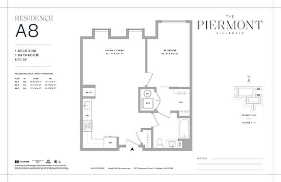 Floor Plan  One bed one bathroom floorplan with walk-in closet at The Piermont Apartments, Hillsdale, NJ 07642