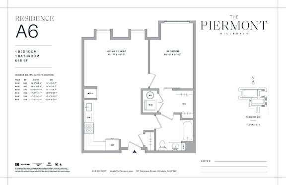 Floor Plan  1 bed one bath floorplan at The Piermont Apartments, Hillsdale, 07642