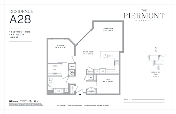 Floor Plan  One bed one bath floorplan with den at The Piermont Apartments, New Jersey