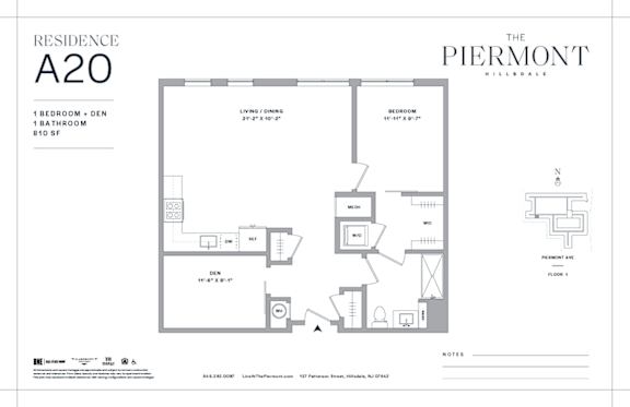 Floor Plan  One bed one bathroom floorplan with den and walk-in closet at The Piermont Apartments, Hillsdale, 07642