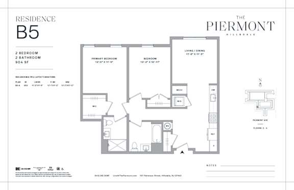 Floor Plan  Two bed two bathroom floorplan at The Piermont Apartments, Hillsdale, NJ 07642