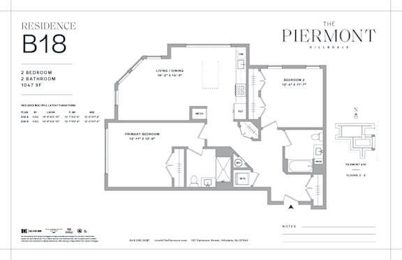 Floor Plan  2 bed 2 bath floorplan at The Piermont Apartments, Hillsdale, 07642