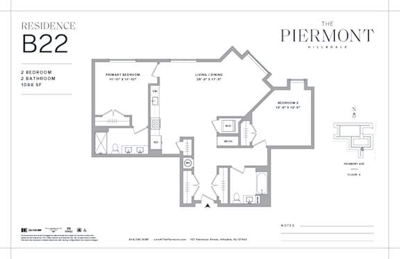Floor Plan  Two bed two bathroom floorplan with walk-in closet at The Piermont Apartments, Hillsdale