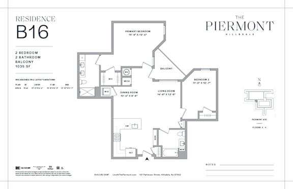 Floor Plan  2 bed 2 bath floorplan with balcony and walk-in closet at The Piermont Apartments, Hillsdale, New Jersey