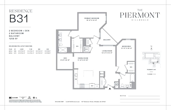 Floor Plan  Two bed two bath floorplan with den at The Piermont Apartments, Hillsdale, NJ 07642