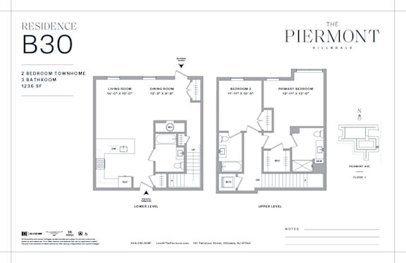 Floor Plan  2 bed 3 bath townhome floorplan at The Piermont Apartments, New Jersey