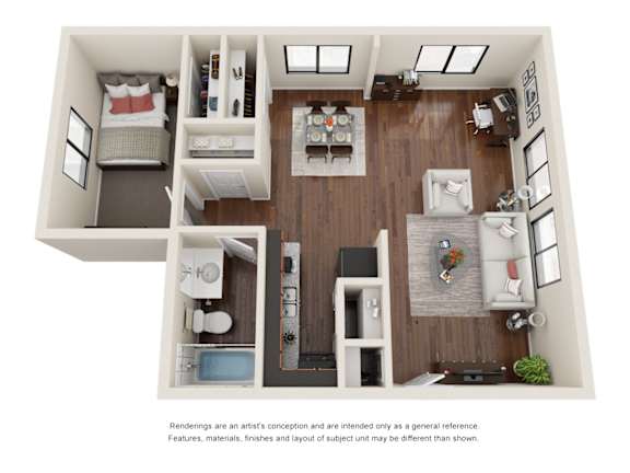 Floor Plan  A top-down view of a small apartment with a kitchen, living room, and bedroom.