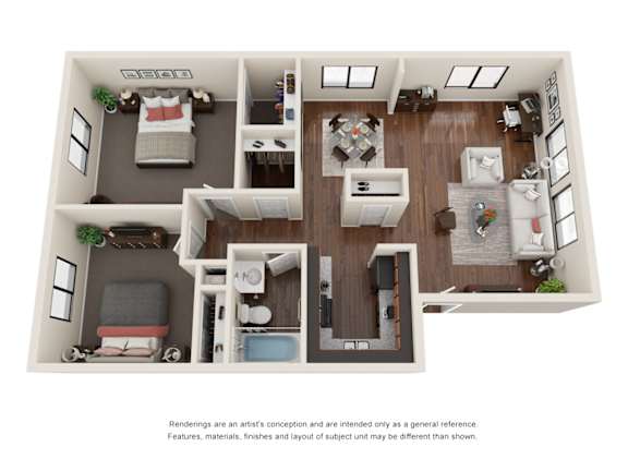 Floor Plan  A top-down view of a small apartment with a kitchen, living room, and bedroom.