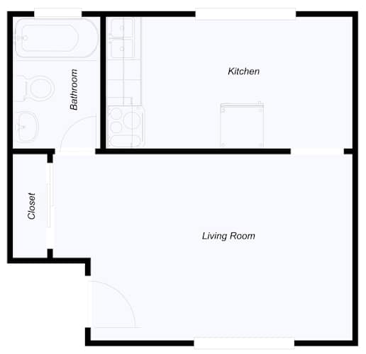Floor Plan  A floor plan of a small apartment with a kitchen, living room, and bathroom.