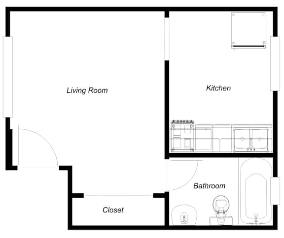 Floor Plan  A floor plan of a small apartment with a living room, kitchen, bathroom and closet.