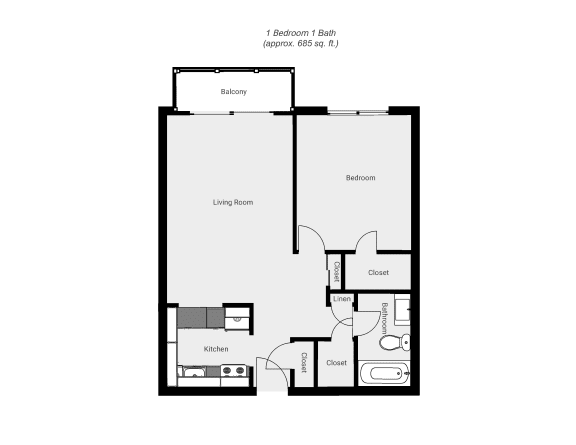 Floor Plan  1 Bedroom floor plan for Alrod Apartments