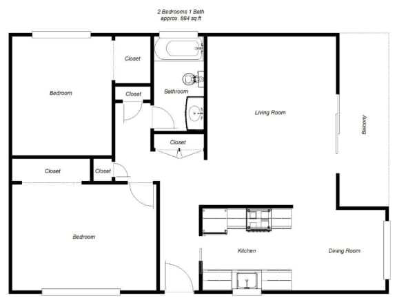 Floor Plan  2 Bedroom floor plan for Del Prado II Apartments