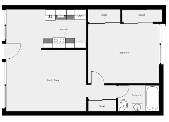 Floor Plan  A black and white floor plan of a small apartment with a living area, kitchen, bedroom, and bathroom.