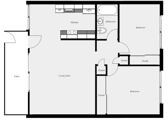 Floor Plan  A black and white floor plan of a house with a kitchen, living area, patio, and two bedrooms.
