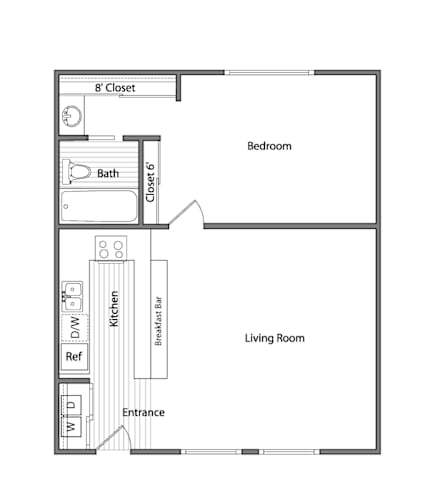 Floor Plan  A drawing of a house plan with a living room, kitchen, and bathroom.