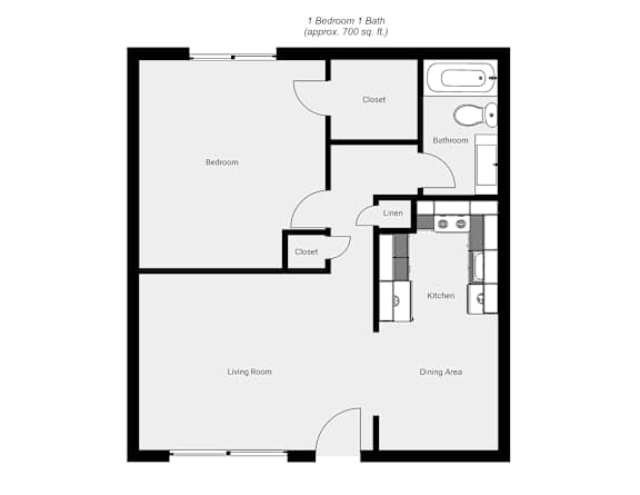 Floor Plan  A black and white image of a floor plan for a 1 bedroom 1 bath apartment.