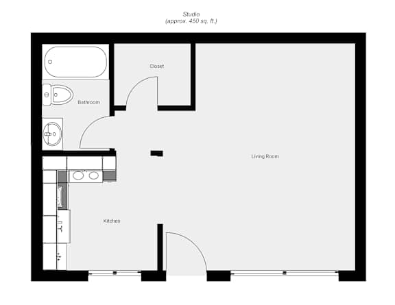 Floor Plan  A floor plan of a studio apartment with a living room, kitchen, bathroom, and closet.