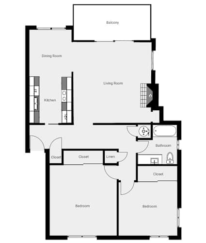 Floor Plan  A black and white image of a floor plan for a house with a balcony, dining room, living room, kitchen, bathroom, and two bedrooms.