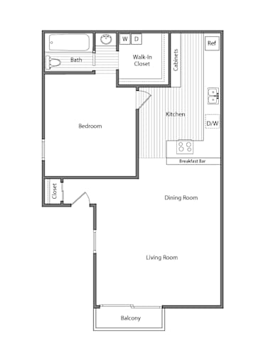 Floor Plan  A floor plan of a house with a living room, dining room, kitchen, bedroom and bathroom.