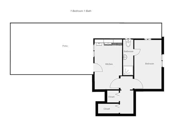 Floor Plan  A floor plan of a one bedroom apartment with a bathroom in the middle of the room.