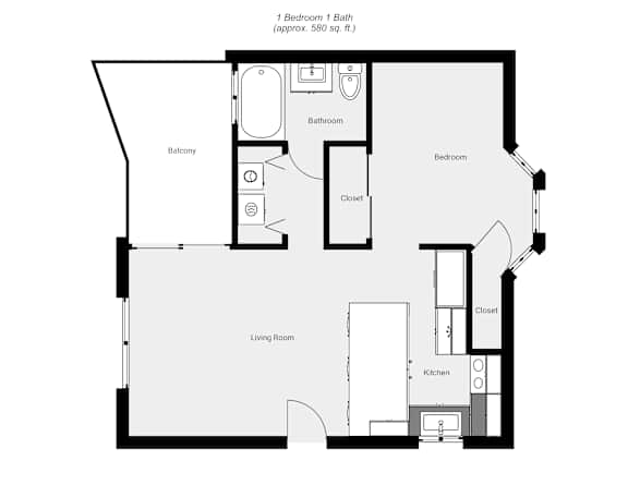 Floor Plan  A black and white image of a floor plan for a 1 bedroom 1 bath apartment.