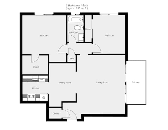 Floor Plan  A black and white image of a floor plan for a 2 bedroom 1 bath apartment.