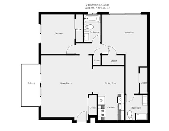Floor Plan  A black and white image of a floor plan for a 2 bedroom, 2 bathroom apartment.