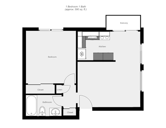 Floor Plan  A floor plan of a one bedroom apartment with a bath and a balcony.
