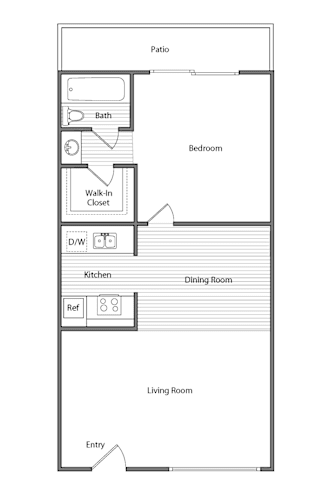 Floor Plan  A floor plan of a house with a living room, dining room, kitchen, bedroom, bathroom, and walk-in closet.
