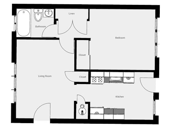 Floor Plan  A black and white floor plan of a house with a living room, kitchen, and two bedrooms.