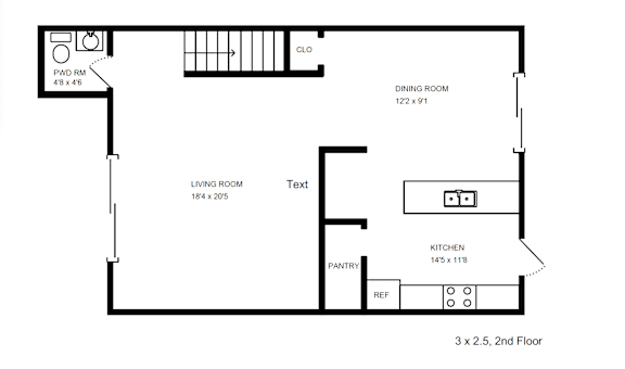 Floor Plan  A floor plan of a 2nd floor apartment with a living room, dining room, kitchen and bathroom.