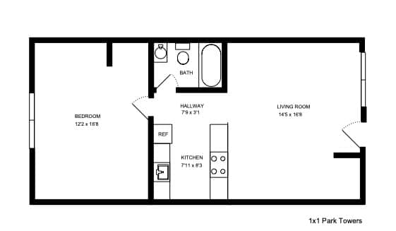Floor Plan  A floor plan of a one bedroom apartment with a living room and bathroom.
