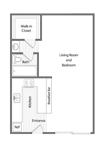 Floor Plan  A floor plan of a small apartment with a living room and bedroom, a kitchen, a bathroom, a walk-in closet, and a breakfast bar.