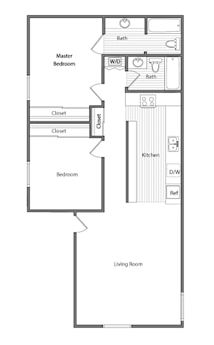 Floor Plan  A floor plan of a home with a master bedroom, living room, kitchen, and bathroom.