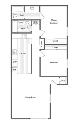 Floor Plan  A floor plan of a house with a living room, kitchen, two bedrooms and a bathroom.