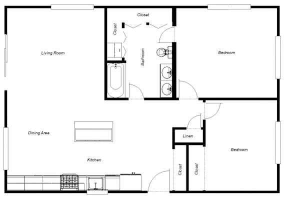 Floor Plan  A floor plan of a house with a living room, dining area, kitchen, and two bedrooms.