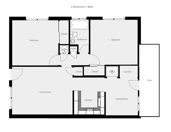 Floor Plan  A floor plan of a one-story house with two bedrooms and a bathroom.