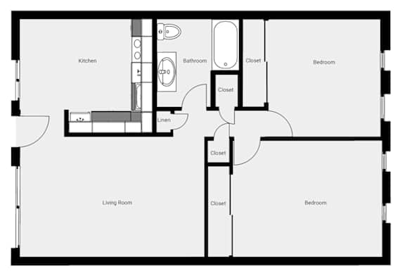 Floor Plan  A floor plan of a house with a kitchen, living room, and two bedrooms.