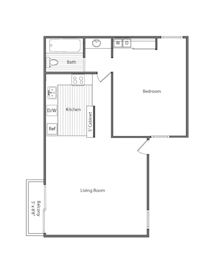 Floor Plan  A floor plan of a small apartment with a living room, bedroom, and kitchen.