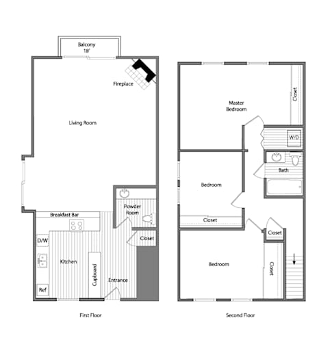 Floor Plan  A floor plan of a two-story home with a living room, two bedrooms, a powder room, a breakfast bar, and an entrance.