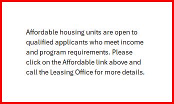 Floor Plan  A sign informs that affordable housing units are open to qualified applicants.