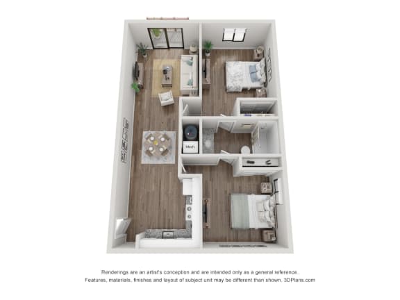 Floor Plan  a stylized floor plan of a 2 bedroom floor plan
