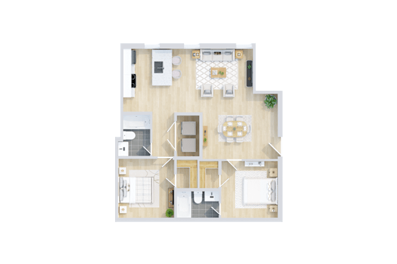 Floor Plan  A top-down view of a house floor plan with a kitchen, living room, dining area, and bedrooms.