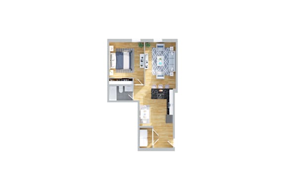 Floor Plan  A floor plan of a small apartment with a kitchen, living room, and two bedrooms.
